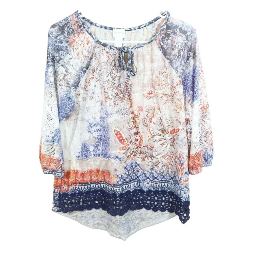 4/$25 CHICOS 1 S/M Blue Orange Abstract Crochet Lace Trim Sleeve High Low Top - Picture 1 of 5